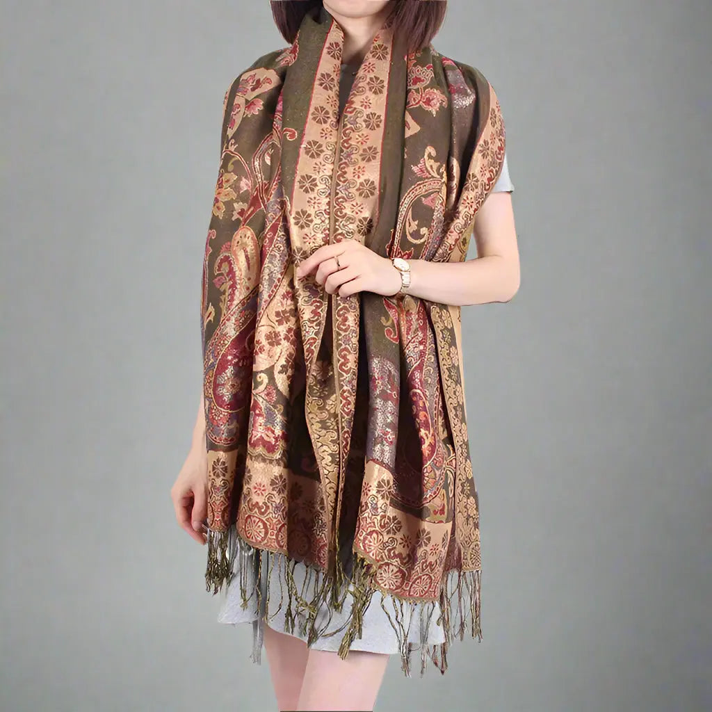 Paisley Whispers – Pashmina-Feel Shawl with Jacquard Cashew Print and Tassel Fringe Kwirko