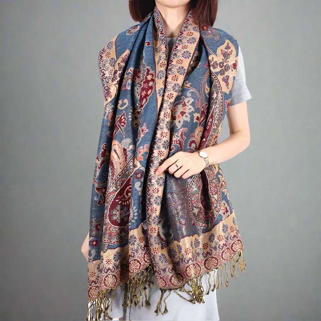Paisley Whispers – Pashmina-Feel Shawl with Jacquard Cashew Print and Tassel Fringe Kwirko