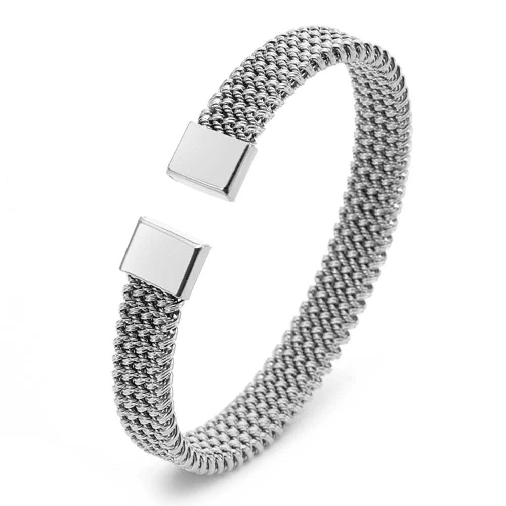 VQYSKO 8MM Woven Flat Mesh C-Shaped Open Bracelet Vintage Stainless Steel Chain Jewelry Women Men Gift Waterproof Kwirko