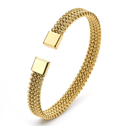VQYSKO 8MM Woven Flat Mesh C-Shaped Open Bracelet Vintage Stainless Steel Chain Jewelry Women Men Gift Waterproof Kwirko