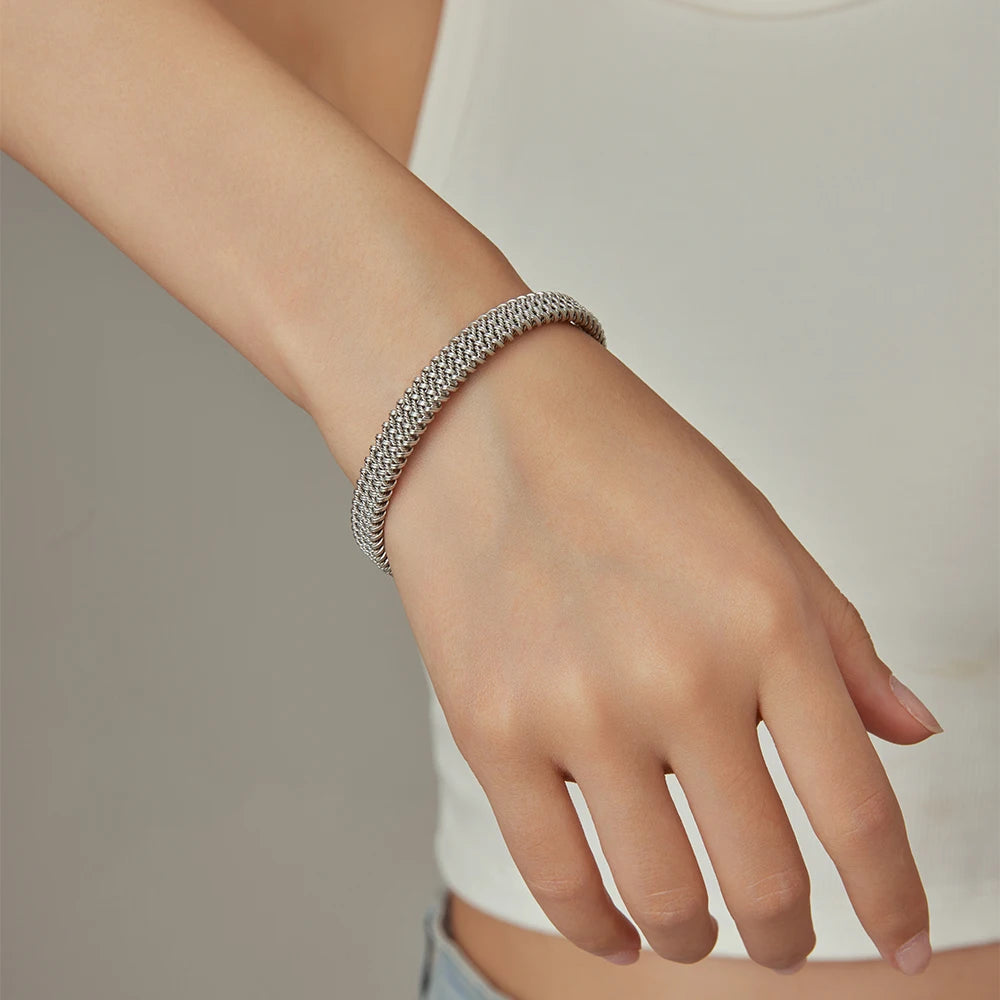 VQYSKO 8MM Woven Flat Mesh C-Shaped Open Bracelet Vintage Stainless Steel Chain Jewelry Women Men Gift Waterproof Kwirko