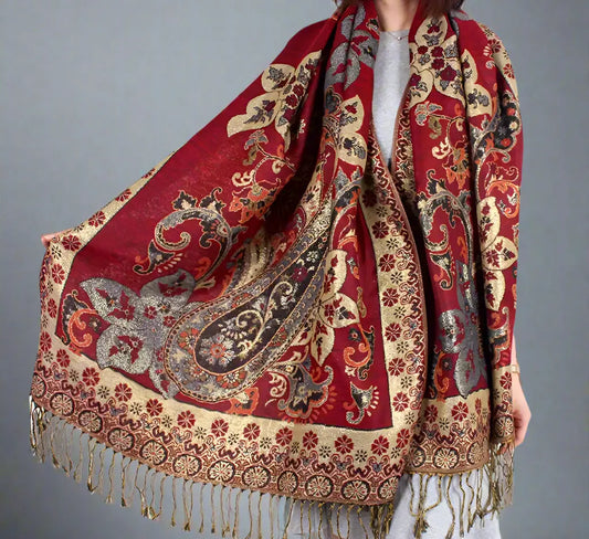 Paisley Whispers – Pashmina-Feel Shawl with Jacquard Cashew Print and Tassel Fringe Kwirko