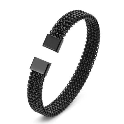 VQYSKO 8MM Woven Flat Mesh C-Shaped Open Bracelet Vintage Stainless Steel Chain Jewelry Women Men Gift Waterproof Kwirko