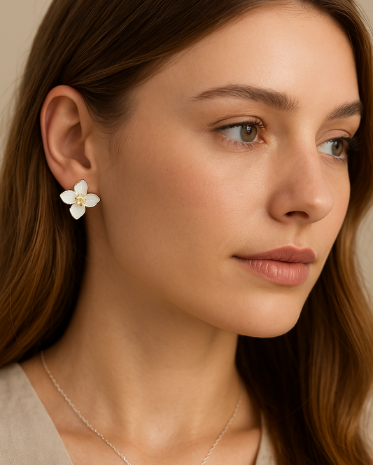 Bloom Studs – Retro Glaze Flower Earrings in Scarlet, Pearl & Emerald